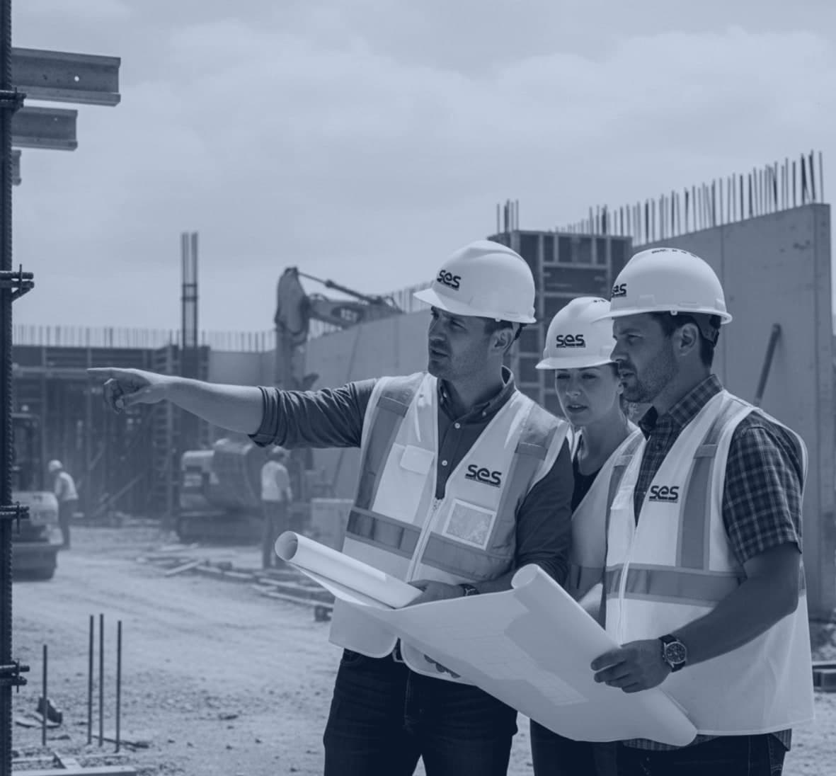 Drei Personen mit Schutzhelm und Warnweste auf einer Betonbaustelle; ein Ingenieur zeigt mit ausgestrecktem Arm über das Gelände, die anderen halten einen Bauplan, im Hintergrund ein Bagger